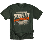 Moss T-Shirt featuring Professional Skid Plate Destroyer design with damaged skid plate graphic on front view by Trail Snark.