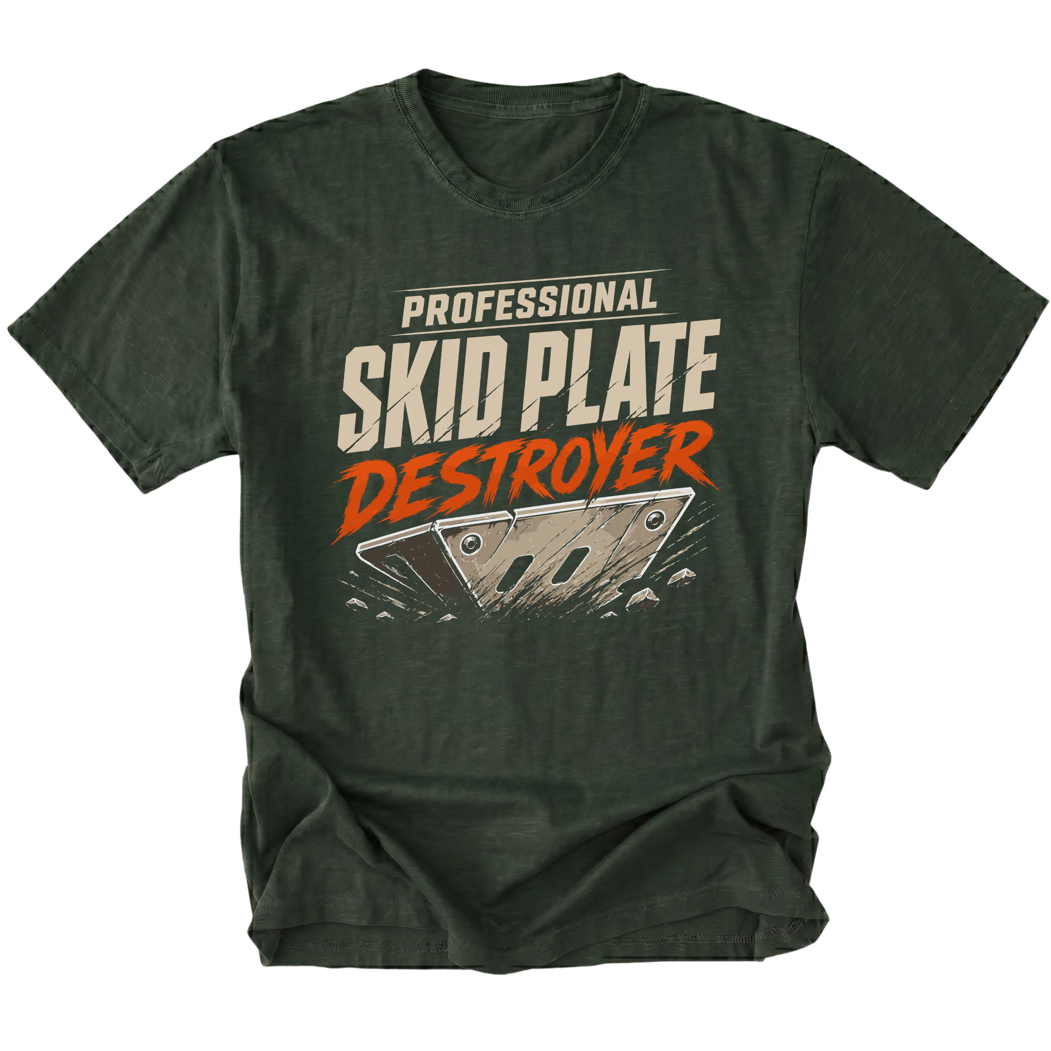 Moss T-Shirt featuring Professional Skid Plate Destroyer design with damaged skid plate graphic on front view by Trail Snark.