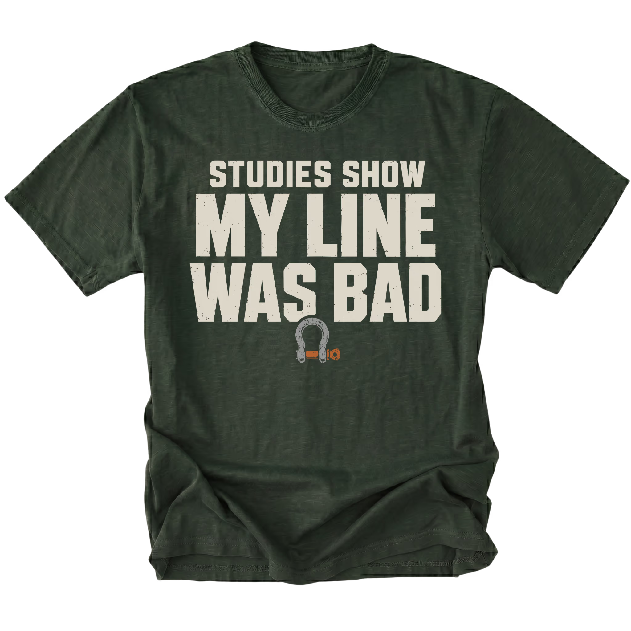 Moss T-shirt featuring the Bad Line recovery shackle design on the front by Trail Snark.