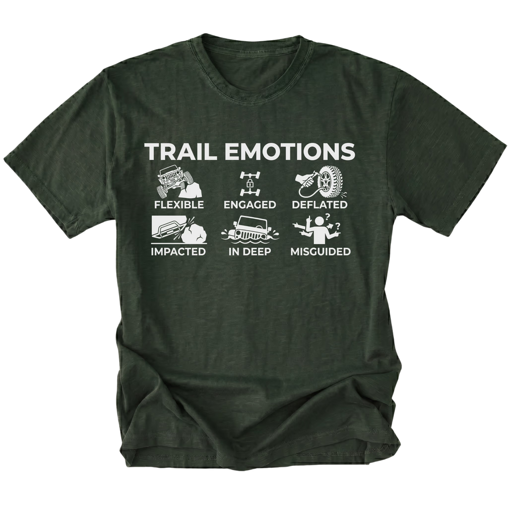 Moss t-shirt featuring “Trail Emotions” text with illustrated off-road icons labeled flexible, engaged, deflated, impacted, in deep, and misguided by Trail Snark.