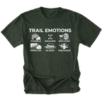Moss t-shirt featuring “Trail Emotions” text with illustrated off-road icons labeled flexible, engaged, deflated, impacted, in deep, and misguided by Trail Snark.