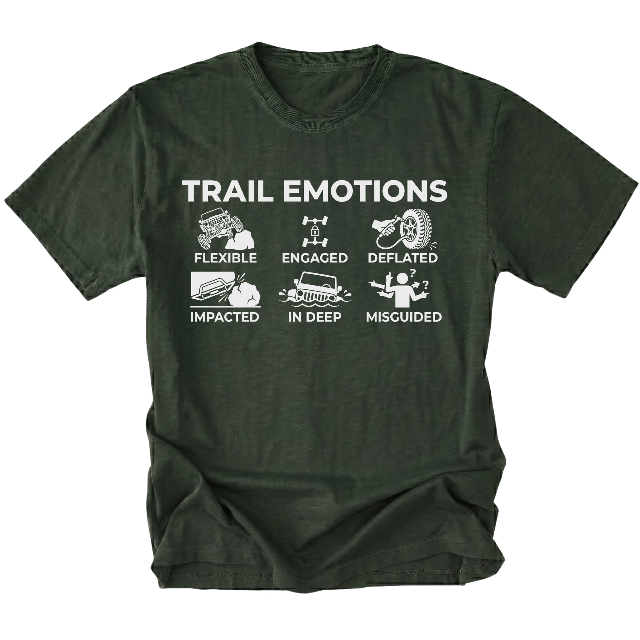 Moss t-shirt featuring “Trail Emotions” text with illustrated off-road icons labeled flexible, engaged, deflated, impacted, in deep, and misguided by Trail Snark.