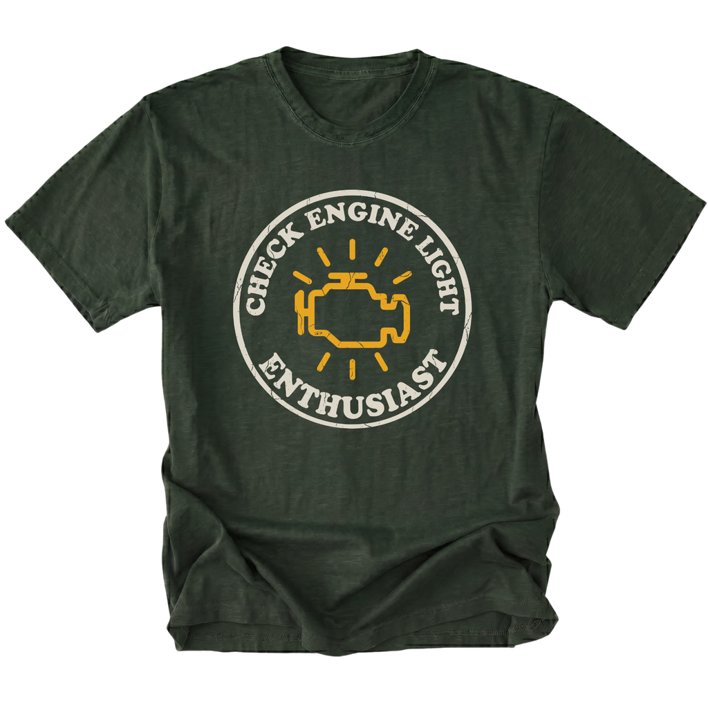 Moss t-shirt featuring check engine light enthusiast circular engine warning graphic shown from the front by Trail Snark.