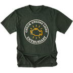 Moss t-shirt featuring check engine light enthusiast circular engine warning graphic shown from the front by Trail Snark.