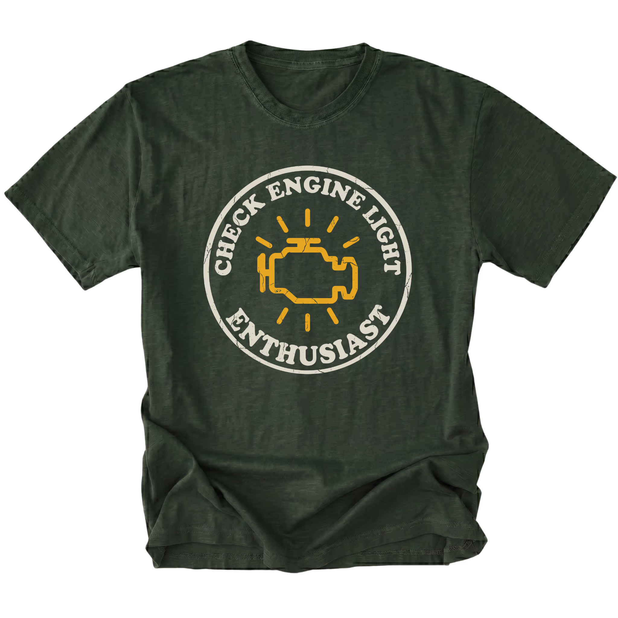 Moss t-shirt featuring check engine light enthusiast circular engine warning graphic shown from the front by Trail Snark.