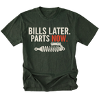Moss t-shirt featuring Bills Later Parts Now design with suspension coilover graphic on front view by Trail Snark.