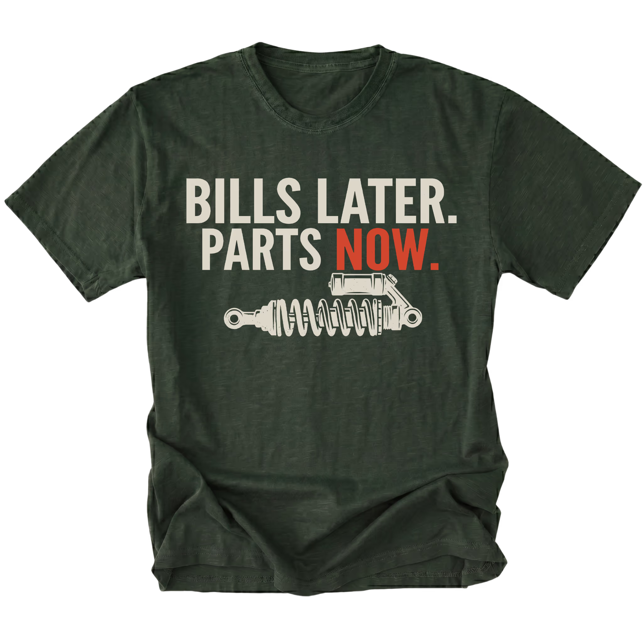 Moss t-shirt featuring Bills Later Parts Now design with suspension coilover graphic on front view by Trail Snark.