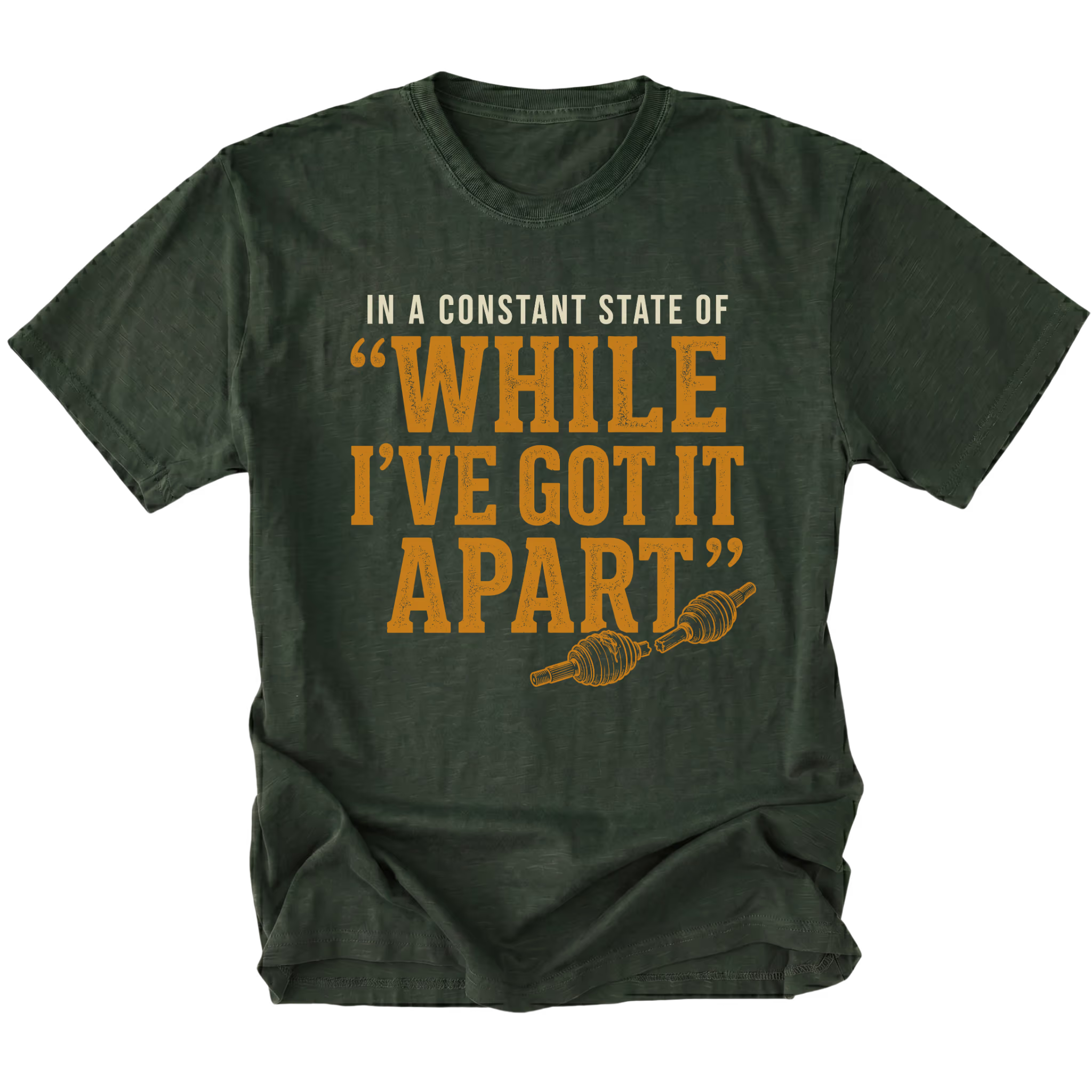 Moss T-shirt with a While I've Got It Apart off-road repair design shown from the front by Trail Snark.