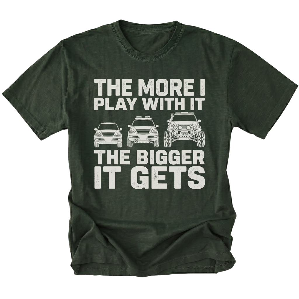 Moss T-Shirt featuring The More I Play With It The Bigger It Gets design with three progressively modified Lexus RX style SUVs on the front view by Trail Snark.