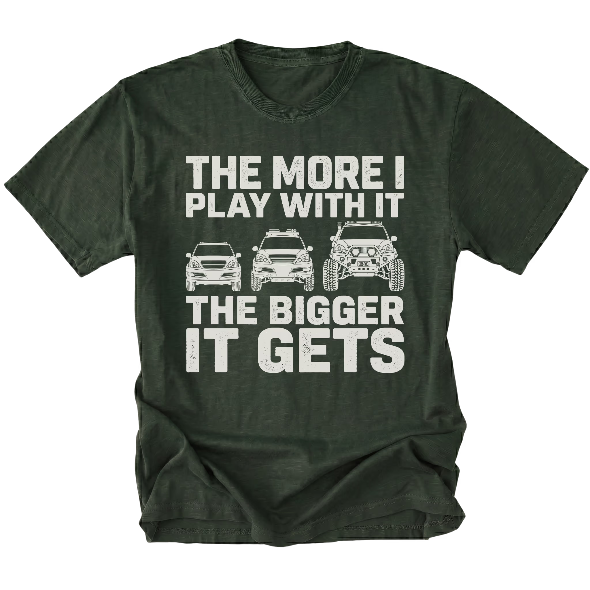 Moss T-Shirt featuring The More I Play With It The Bigger It Gets design with three progressively modified Lexus RX style SUVs on the front view by Trail Snark.