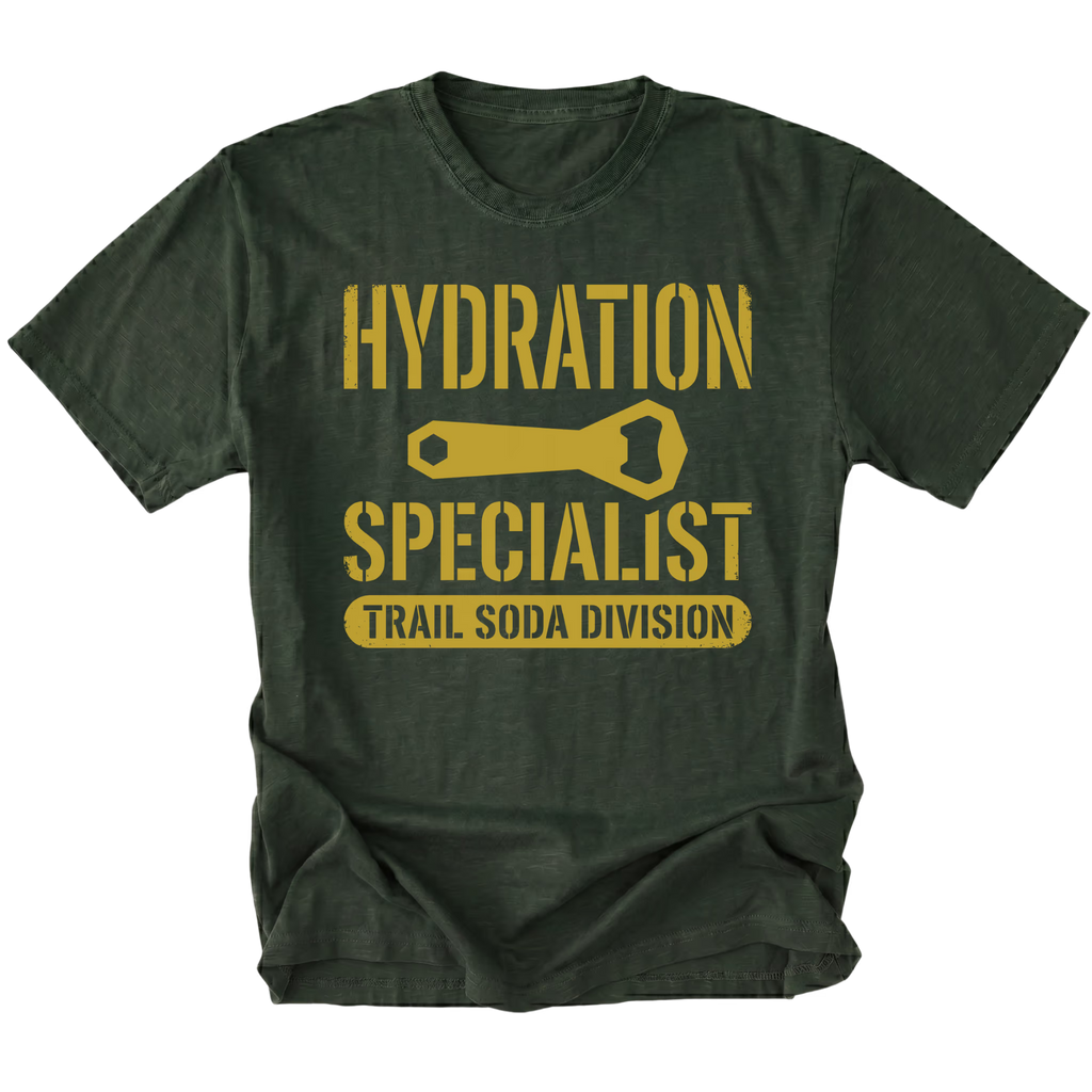 Moss T-Shirt featuring the Hydration Specialist Trail Soda Division design in front view by Trail Snark.