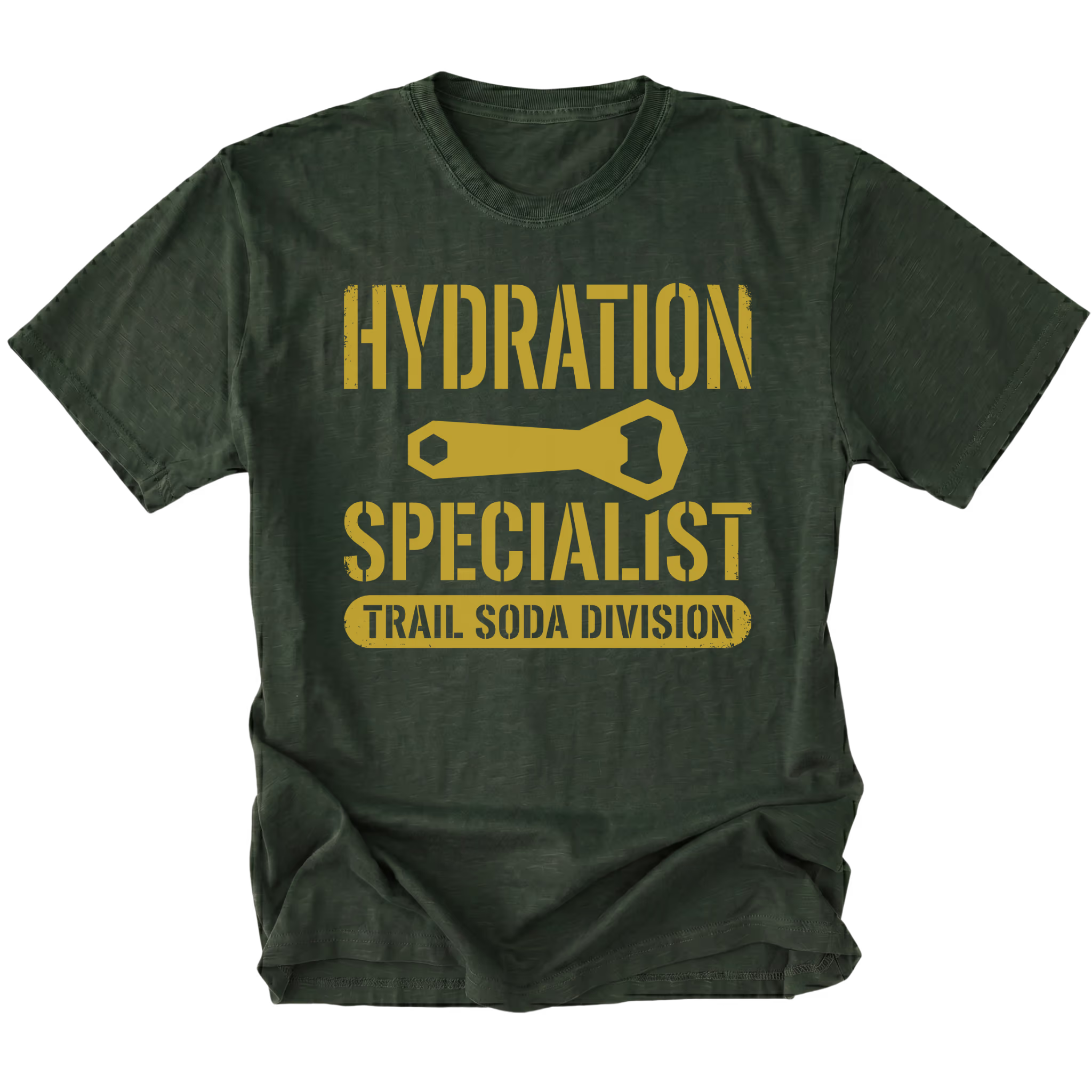 Moss T-Shirt featuring the Hydration Specialist Trail Soda Division design in front view by Trail Snark.