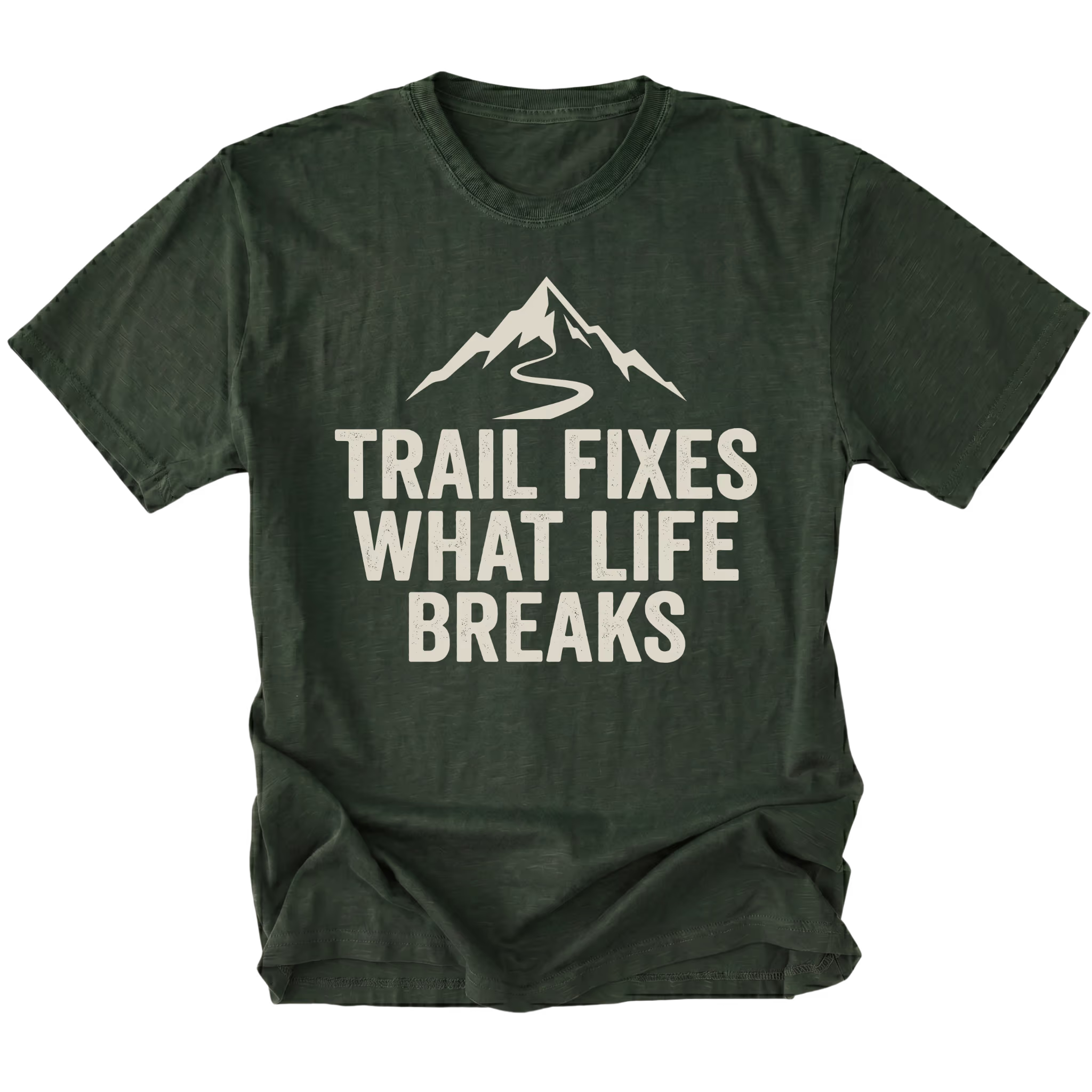 Moss t-shirt with the phrase “Trail Fixes What Life Breaks” beneath a mountain and winding trail graphic printed on the front.