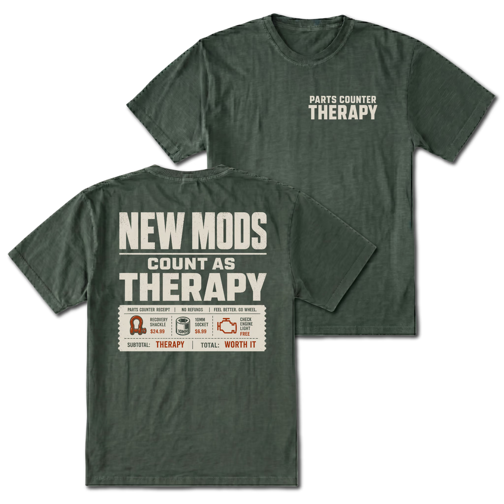 Moss T-Shirt with Parts Counter Therapy front design and New Mods Count As Therapy back design shown in front and back views by Trail Snark.