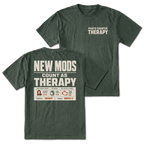 Moss T-Shirt with Parts Counter Therapy front design and New Mods Count As Therapy back design shown in front and back views by Trail Snark.