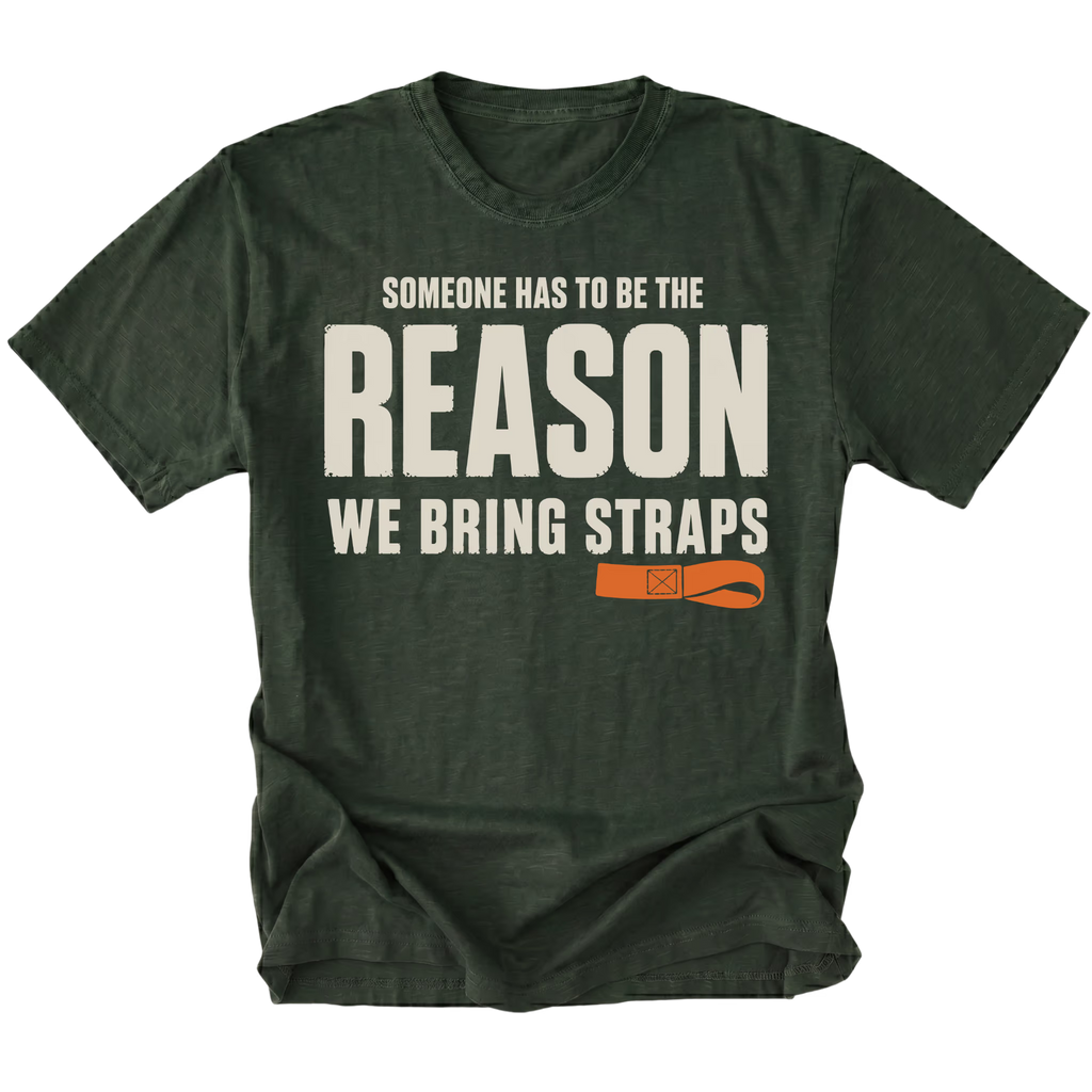 Moss T-shirt featuring the Bring Straps recovery design on the front by Trail Snark.