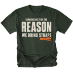 Moss T-shirt featuring the Bring Straps recovery design on the front by Trail Snark.