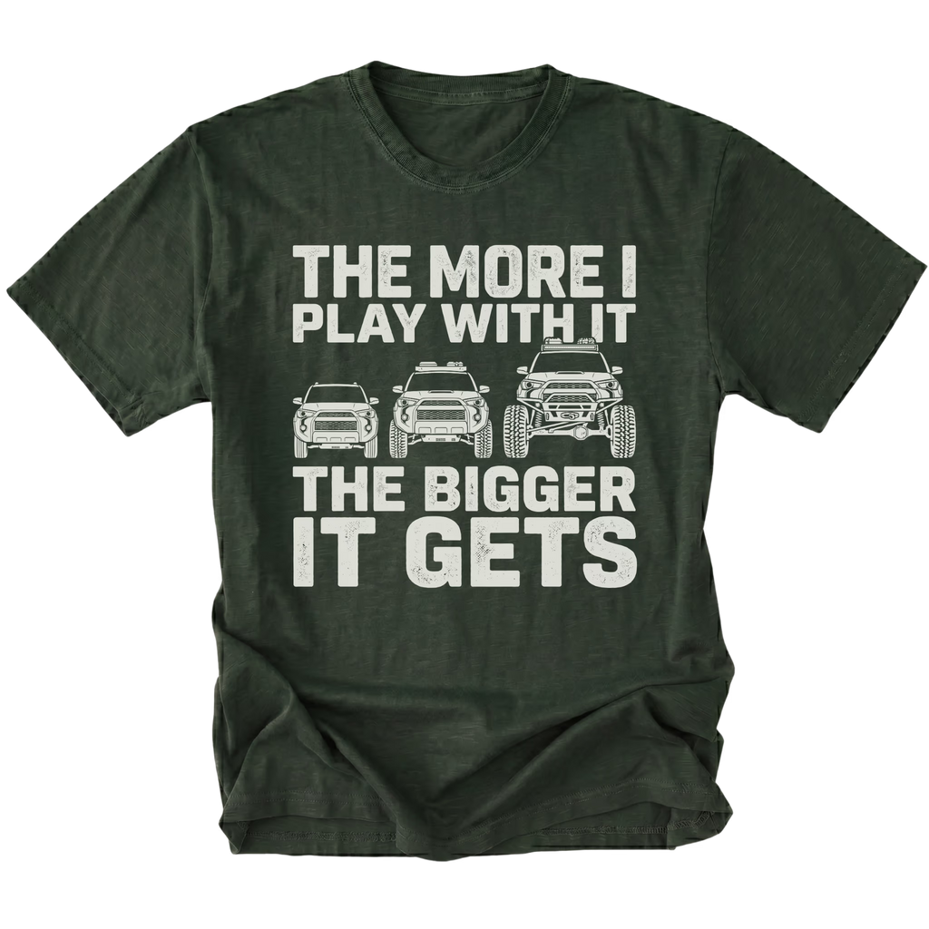 Moss T-Shirt featuring The More I Play With It The Bigger It Gets design with three progressively modified Toyota 4Runner style SUVs on the front view by Trail Snark.