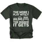 Moss T-Shirt featuring The More I Play With It The Bigger It Gets design with three progressively modified Toyota 4Runner style SUVs on the front view by Trail Snark.