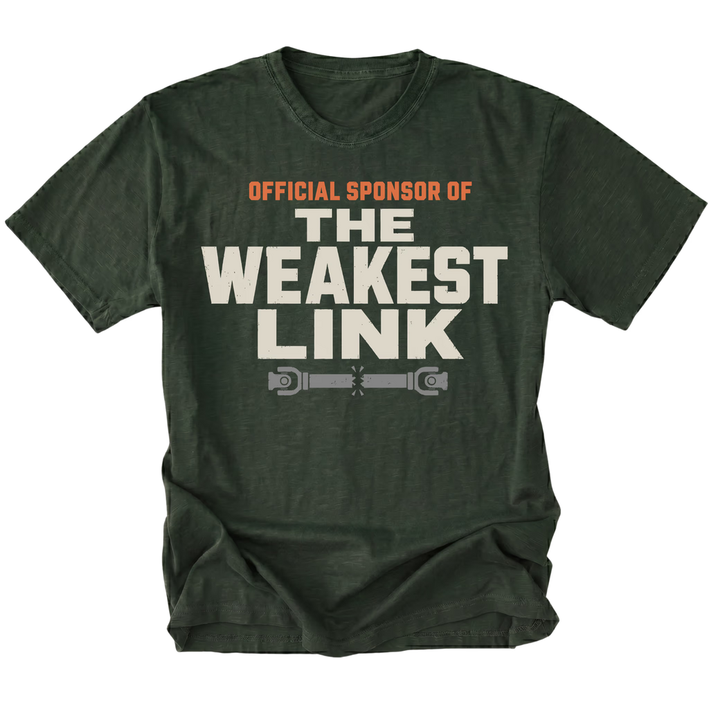 Moss t-shirt featuring the Weakest Link design on the front by Trail Snark.