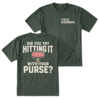 Moss t-shirt featuring the Field Diagnosis chest print on the front and the Purse Hammer design on the back by Trail Snark.