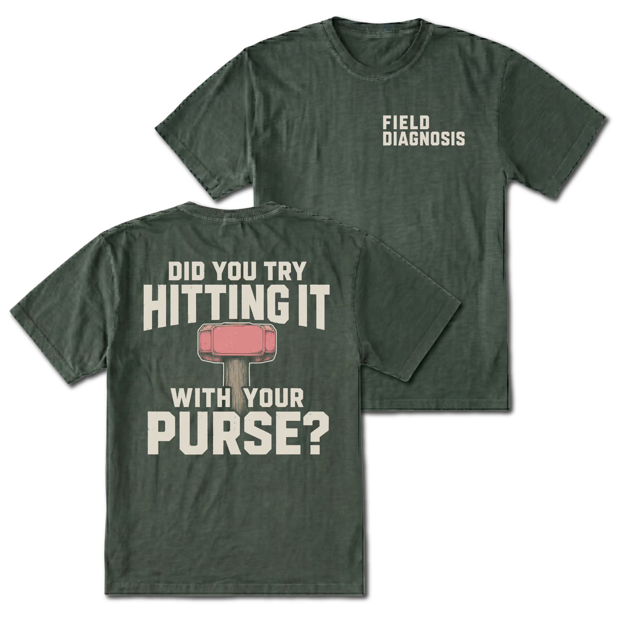 Moss t-shirt featuring the Field Diagnosis chest print on the front and the Purse Hammer design on the back by Trail Snark.