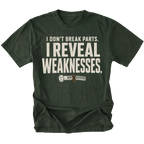 Moss t-shirt featuring the Reveal Weaknesses design on the front by Trail Snark.
