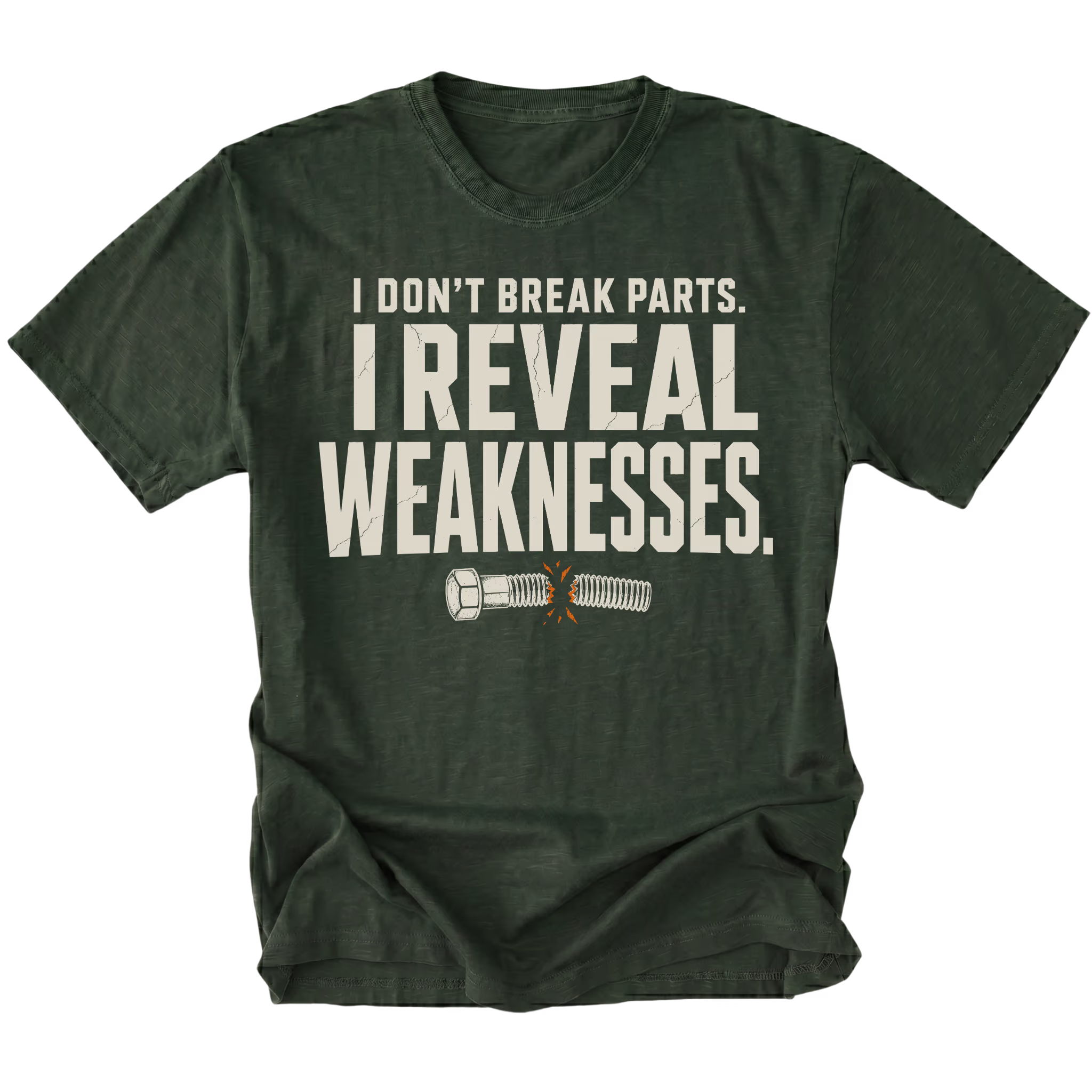 Moss t-shirt featuring the Reveal Weaknesses design on the front by Trail Snark.