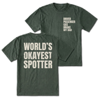 Moss T-shirt with World's Okayest Spotter back design and driver passenger gas brake my bad front chest print by Trail Snark.