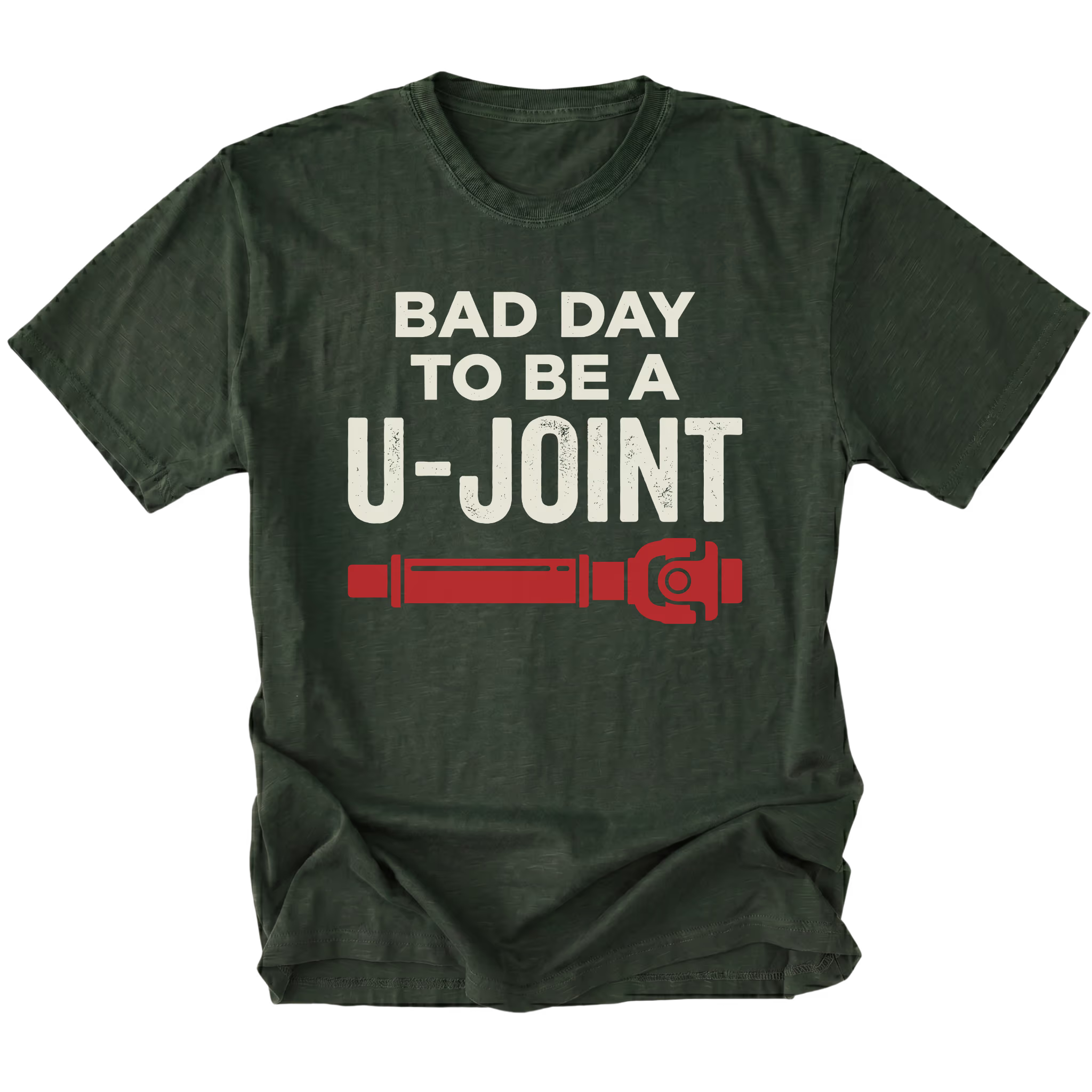 Moss t-shirt with Bad Day To Be A U-Joint drivetrain graphic shown front view by Trail Snark.