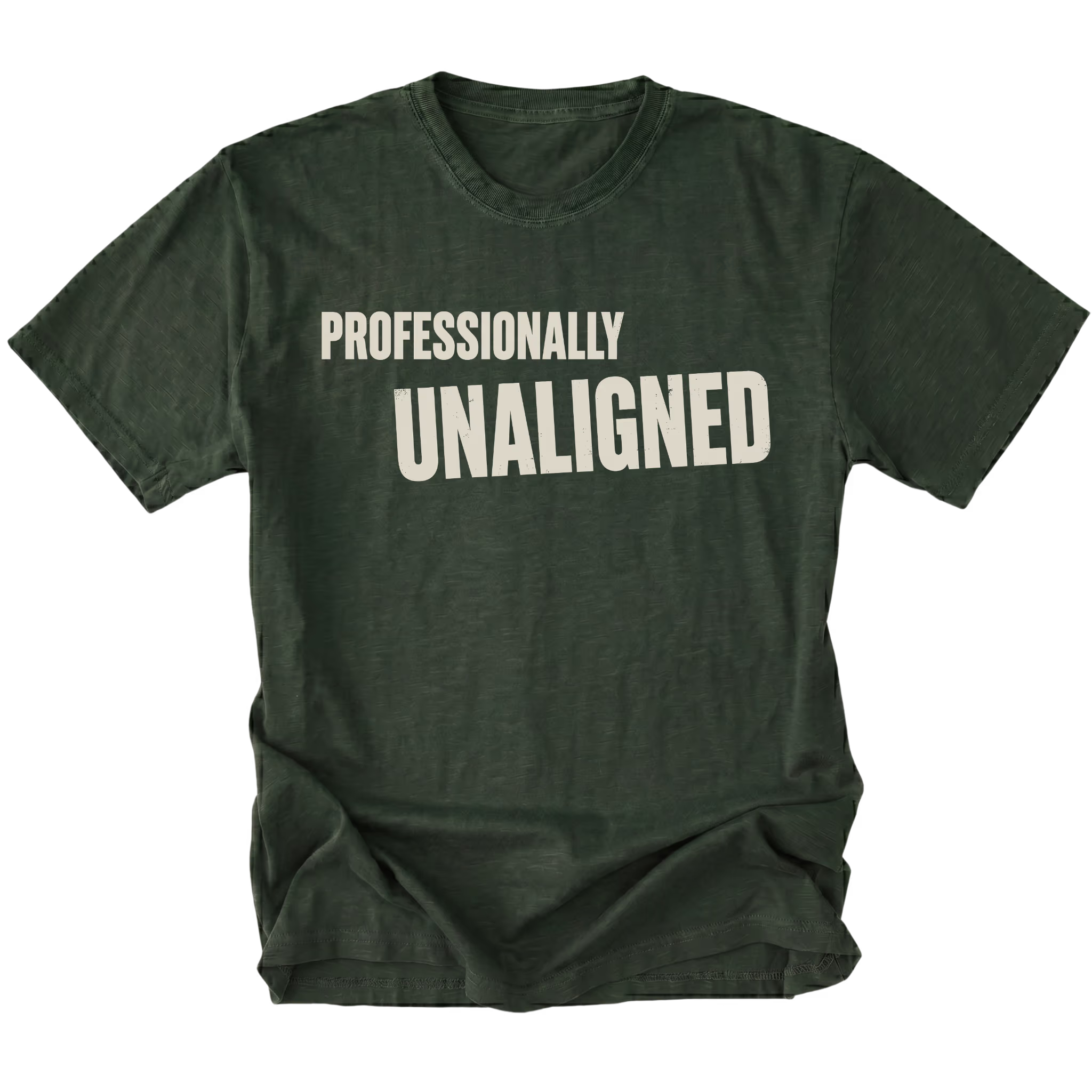 Moss T-Shirt featuring the Professionally Unaligned design on the front by Trail Snark.