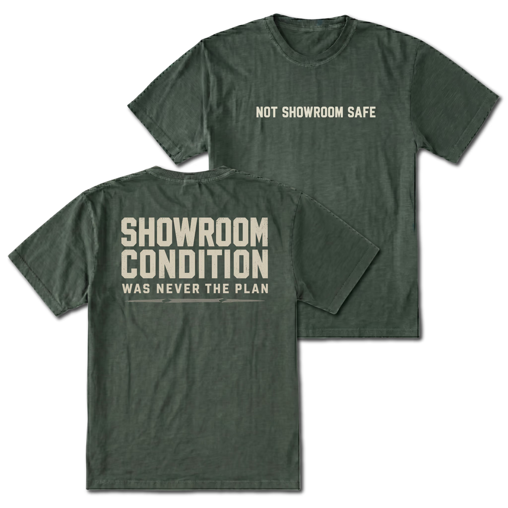 Moss T-shirt with a Showroom Condition Was Never The Plan design shown from the back view by Trail Snark.