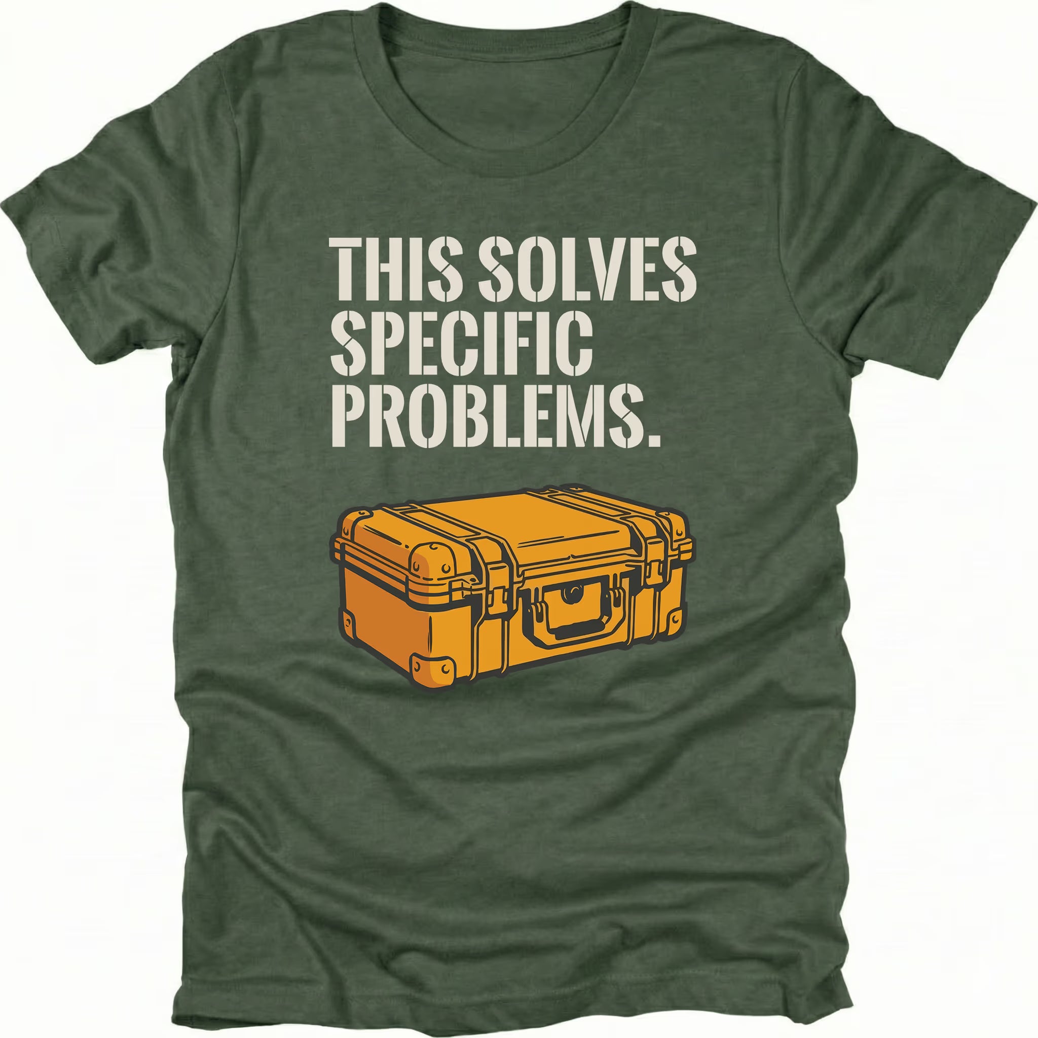 Moss t-shirt with text reading “This Solves Specific Problems” above an illustrated orange hard gear case, shown in front view.
