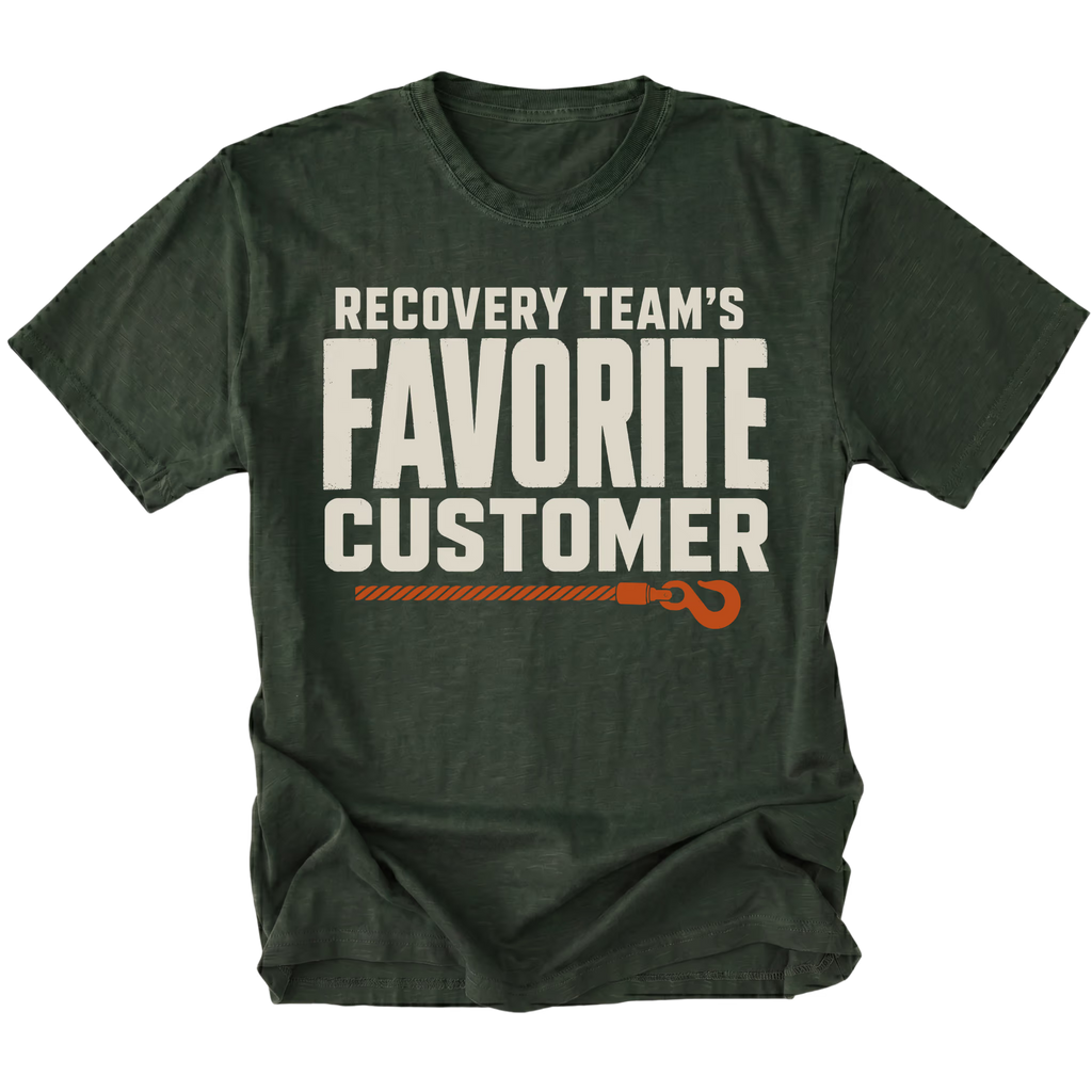 Moss T-shirt featuring the Favorite Customer recovery design on the front by Trail Snark.