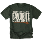 Moss T-shirt featuring the Favorite Customer recovery design on the front by Trail Snark.