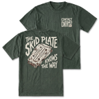Two views of a dark green graphic t-shirt on a white background. The front view shows 'CONTACT CONFIRMED' printed on the left chest, while the back view features a large graphic of a rusty metal plate with the text 'THE SKID PLATE KNOWS THE WAY' in a distressed cream font.
