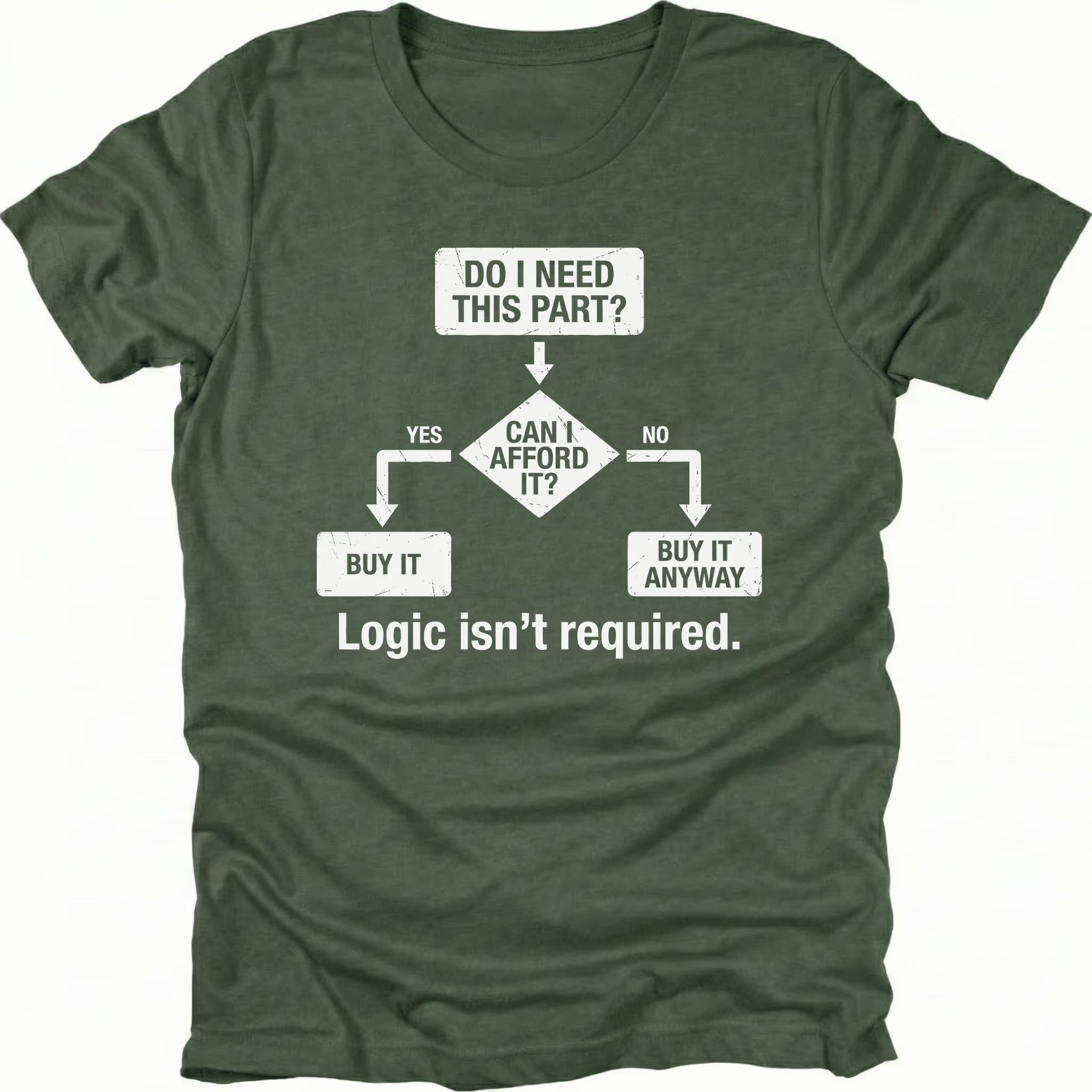 Moss t-shirt featuring do i need this part logic isnt required flowchart graphic shown from the front by Trail Snark.