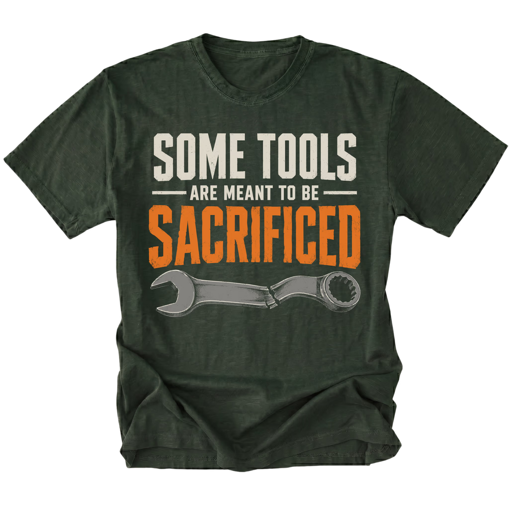 Moss T-shirt featuring the Sacrificial Tools design with a broken wrench on the front by Trail Snark.
