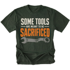 Moss T-shirt featuring the Sacrificial Tools design with a broken wrench on the front by Trail Snark.