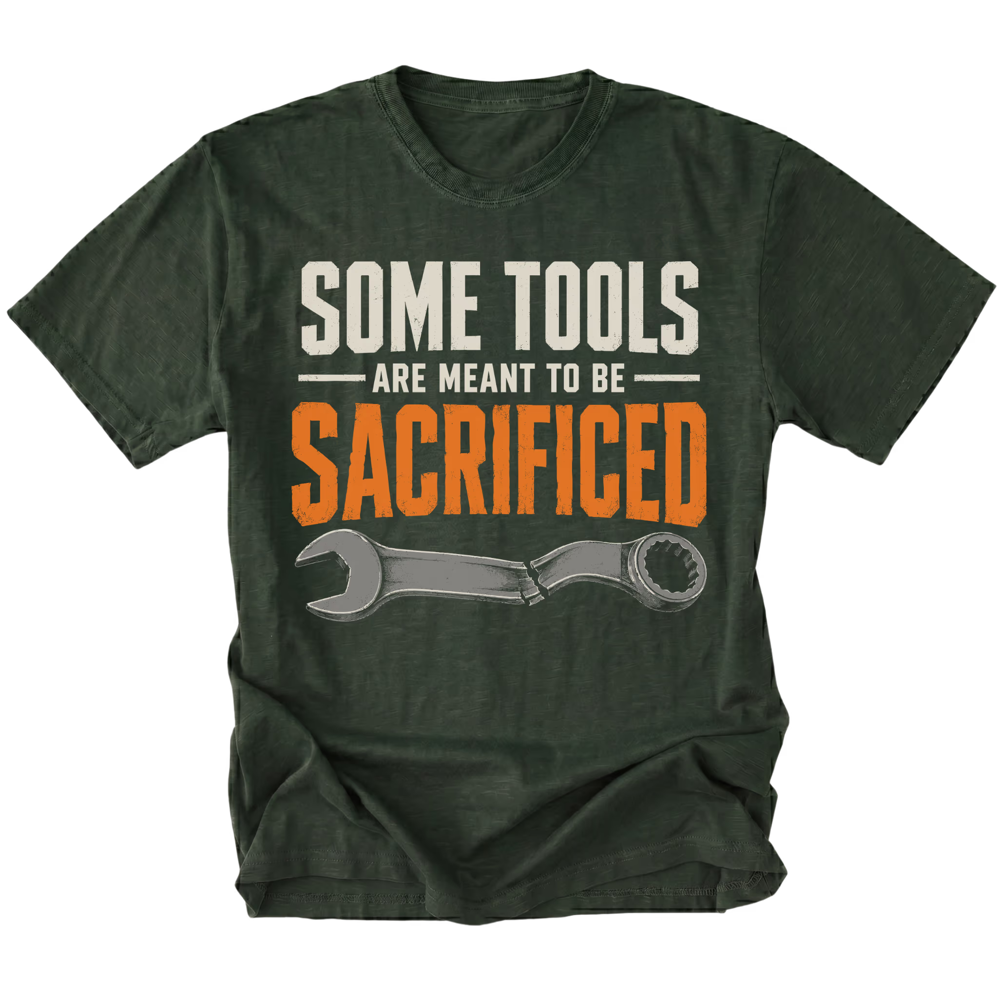 Moss T-shirt featuring the Sacrificial Tools design with a broken wrench on the front by Trail Snark.