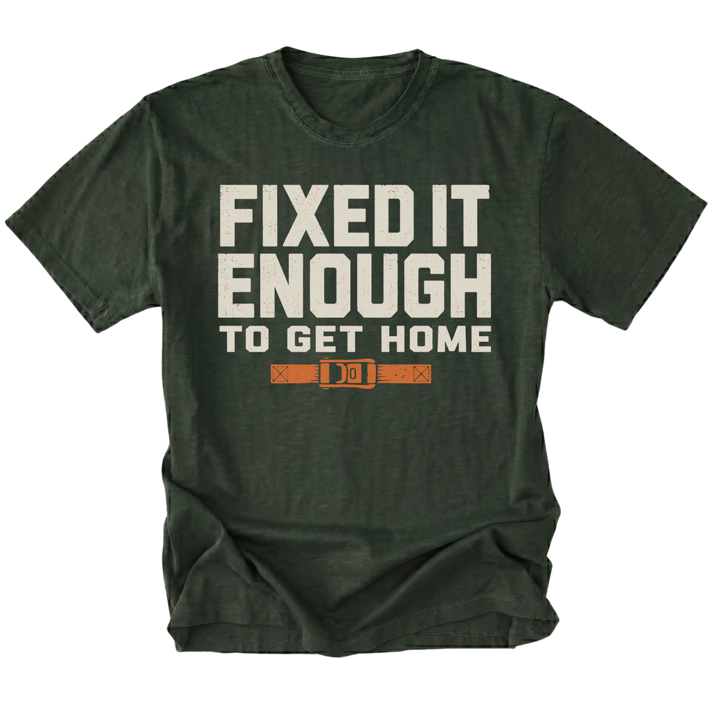 Moss T-Shirt with Fixed It Enough To Get Home trail repair design shown from the front by Trail Snark.