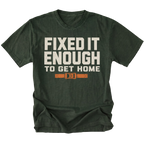 Moss T-Shirt with Fixed It Enough To Get Home trail repair design shown from the front by Trail Snark.
