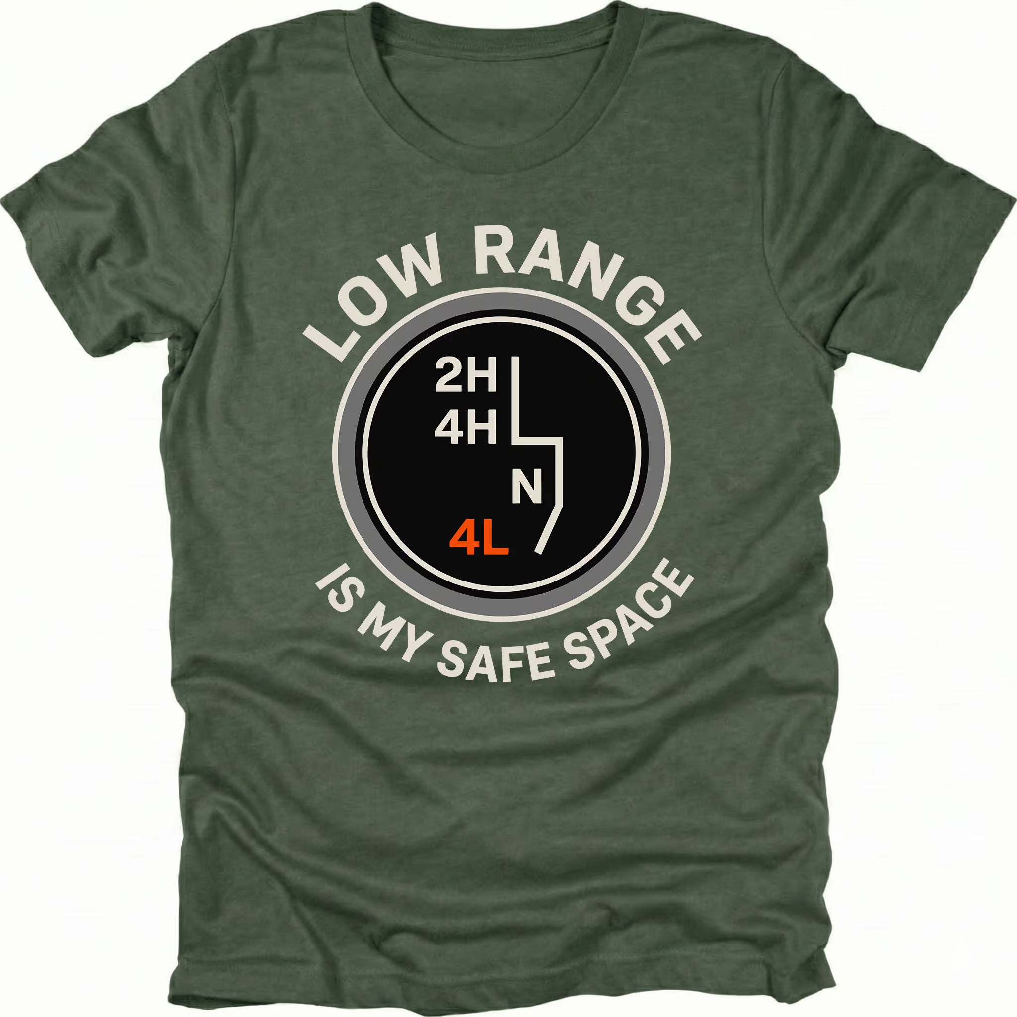 Moss t-shirt featuring a transfer case shift pattern graphic with text reading Low Range Is My Safe Space, front view.