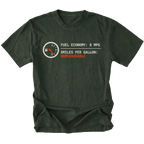 Moss t-shirt featuring a fuel gauge graphic with text reading fuel economy 8 MPG and smiles per gallon unmeasurable displayed on the front.