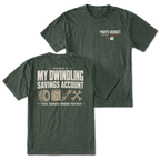Moss T-shirt with Parts Budget Status Critical front print and My Dwindling Savings Account back design shown front and back by Trail Snark.