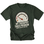 Moss t-shirt with distressed fuel gauge graphic pointing near empty and text reading My Therapist Takes Premium with Mental Health Low Fuel by Trail Snark.