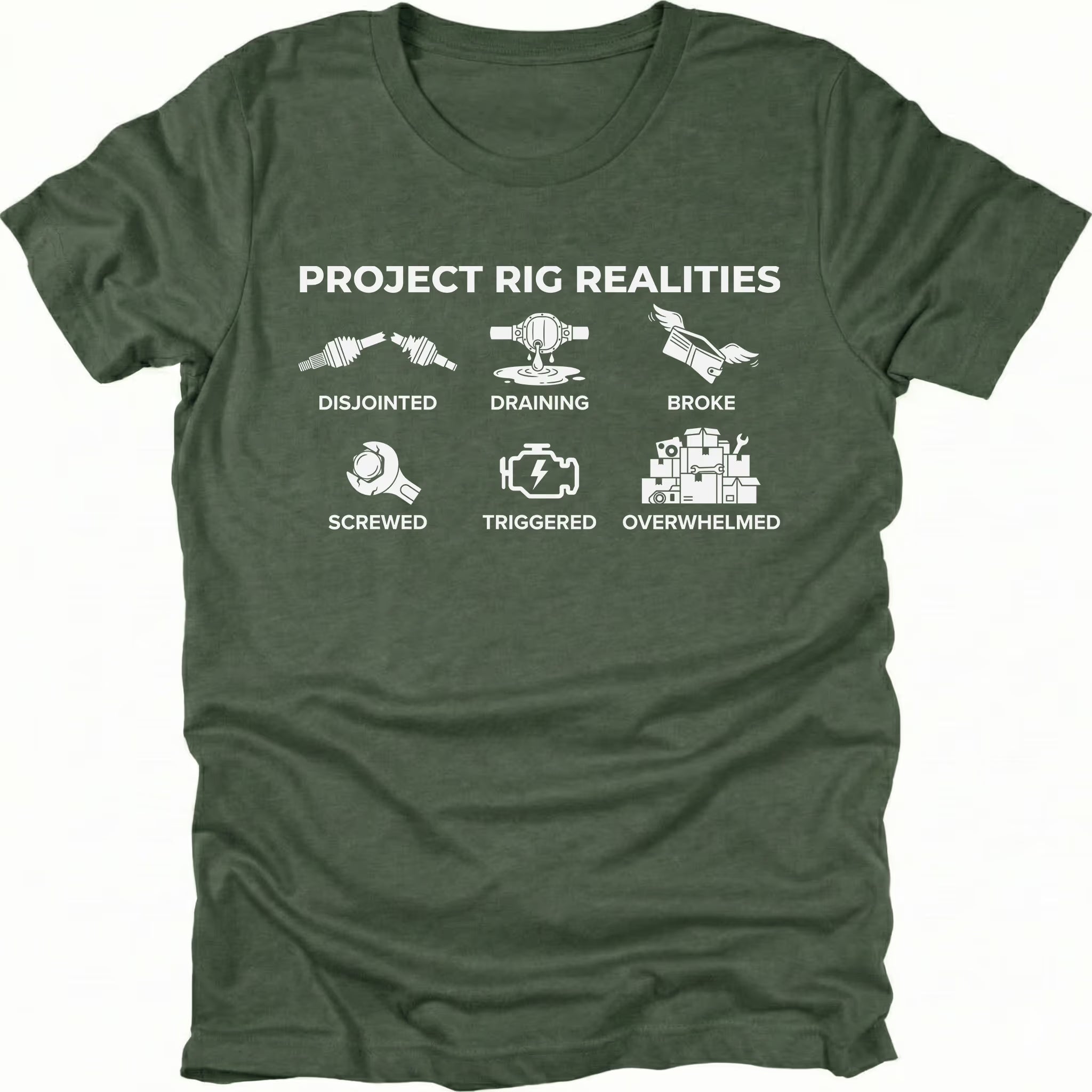 Moss T-Shirt with “Project Rig Realities” icons showing disjointed, draining, broke, screwed, triggered, and overwhelmed on front view by Trail Snark.