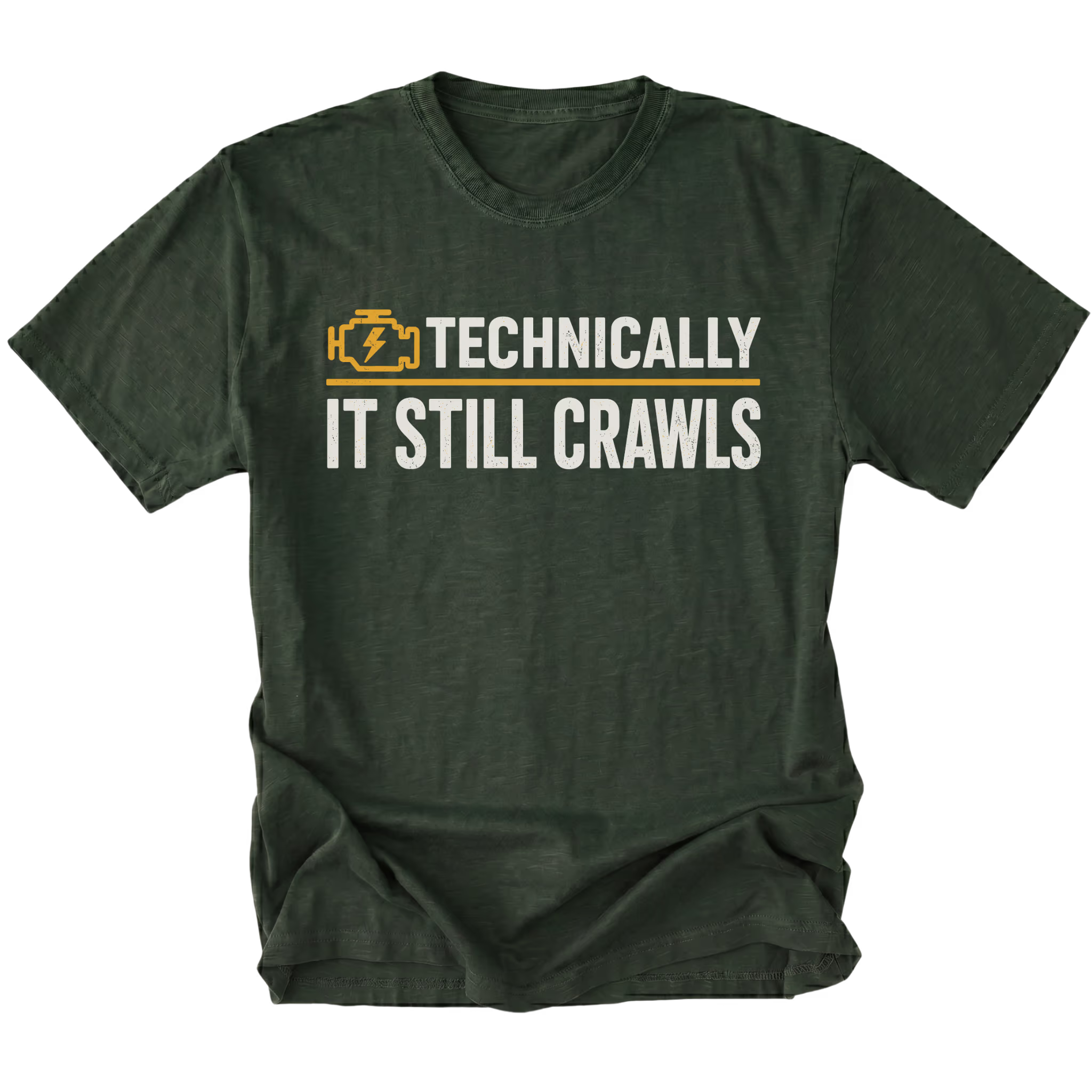 Moss T-Shirt featuring the Technically It Still Crawls design on the front by Trail Snark.