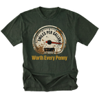 Moss T-Shirt featuring Miles Per Gallon gauge with Worth Every Penny design on front view by Trail Snark.