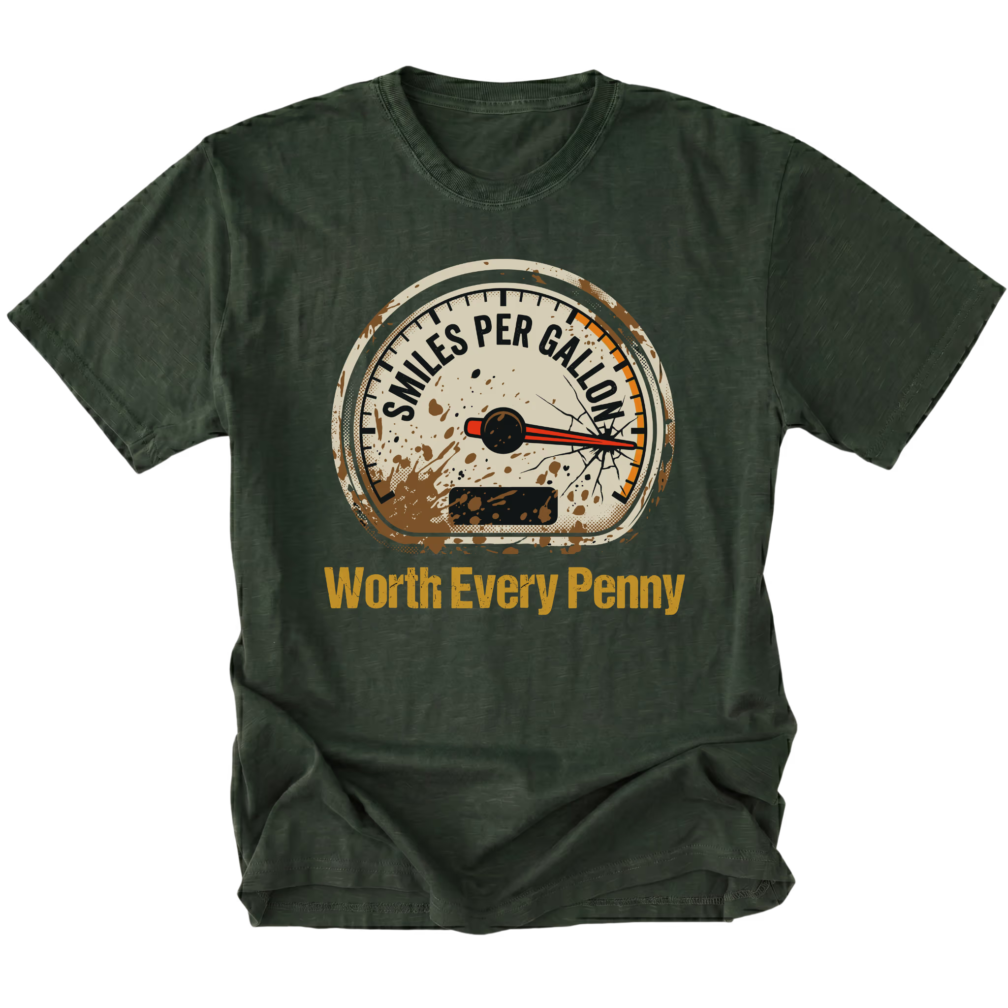 Moss T-Shirt featuring Miles Per Gallon gauge with Worth Every Penny design on front view by Trail Snark.